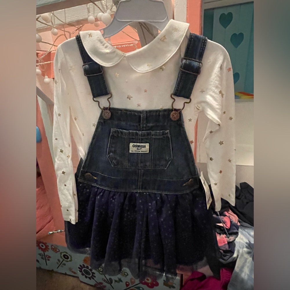 NWT Oshkosh blue tutu overall dress & colored glitter star shirt size 2T